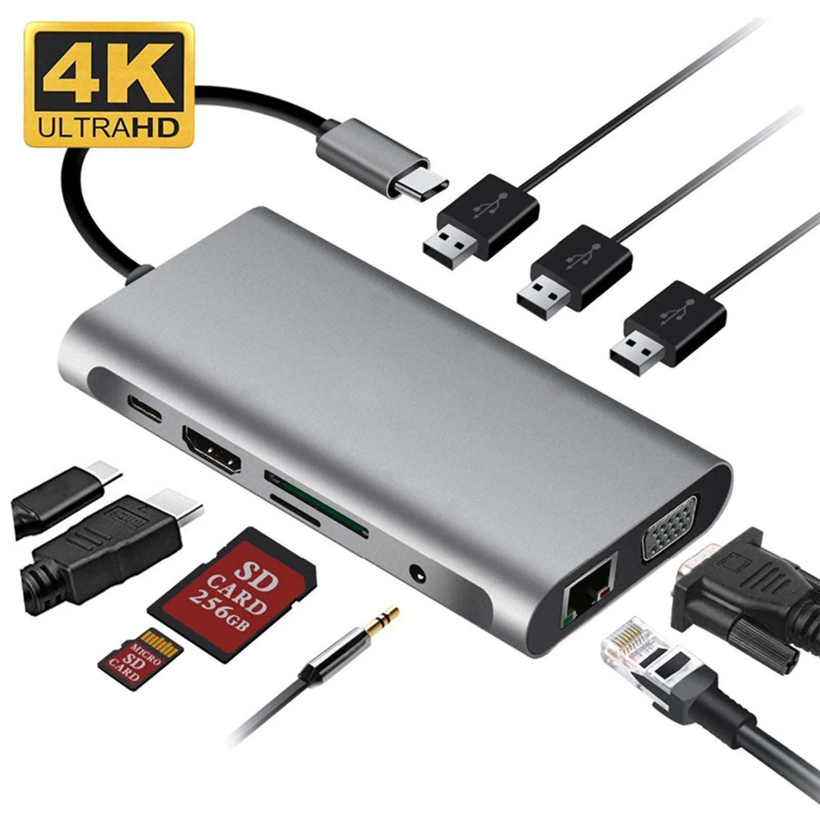 HUB multifunción 11 en 1 USB C Adaptador multipuerto HDTV 4K 30Hz 4 Hub USB 3.0 AUX de 3,5 mm Estación de acoplamiento de 11 puertos para divisor de portátil