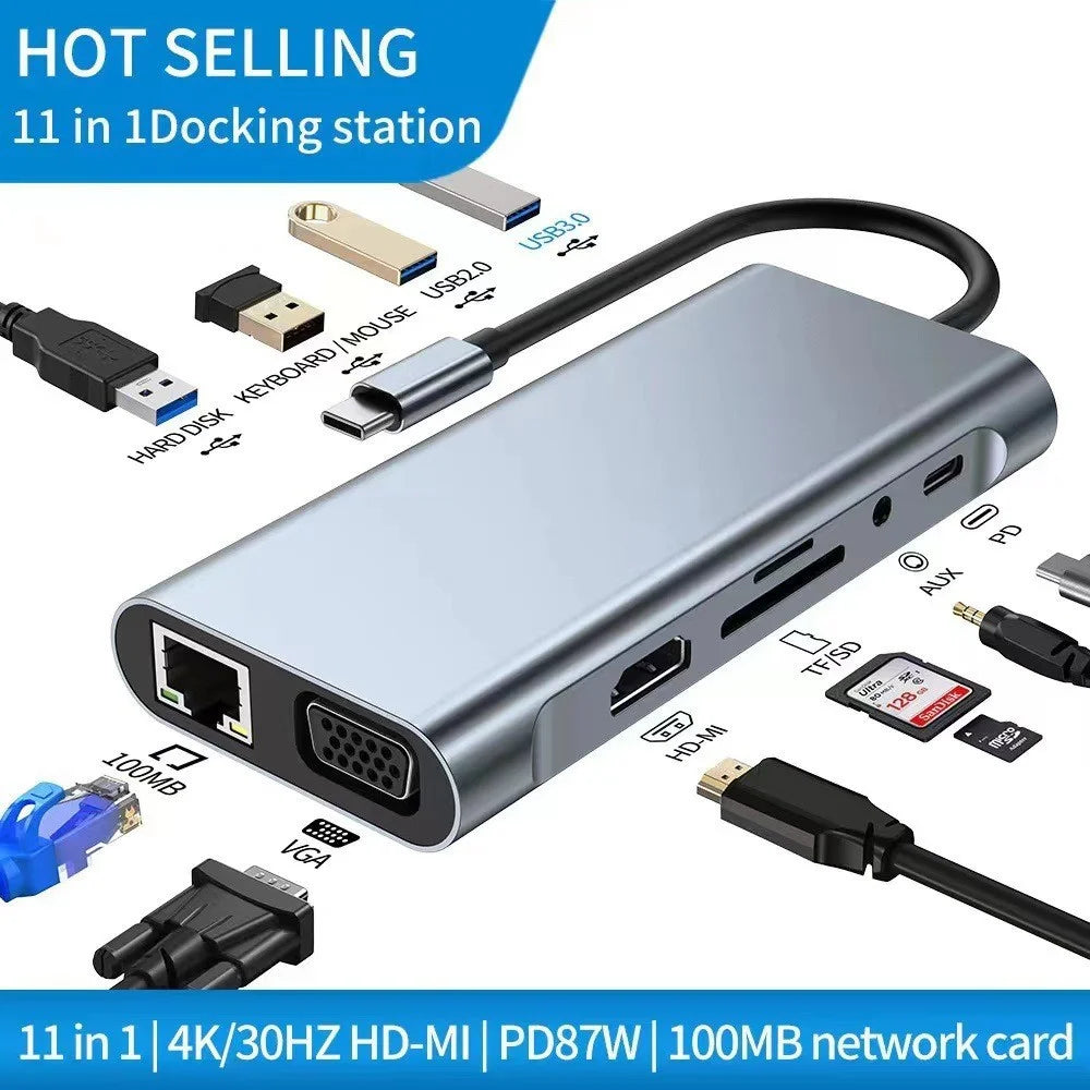 HUB multifunción 11 en 1 USB C Adaptador multipuerto HDTV 4K 30Hz 4 Hub USB 3.0 AUX de 3,5 mm Estación de acoplamiento de 11 puertos para divisor de portátil