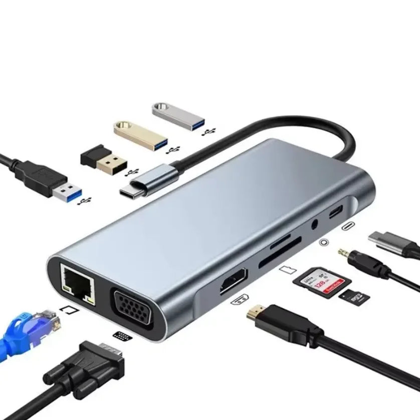 HUB multifunción 11 en 1 USB C Adaptador multipuerto HDTV 4K 30Hz 4 Hub USB 3.0 AUX de 3,5 mm Estación de acoplamiento de 11 puertos para divisor de portátil