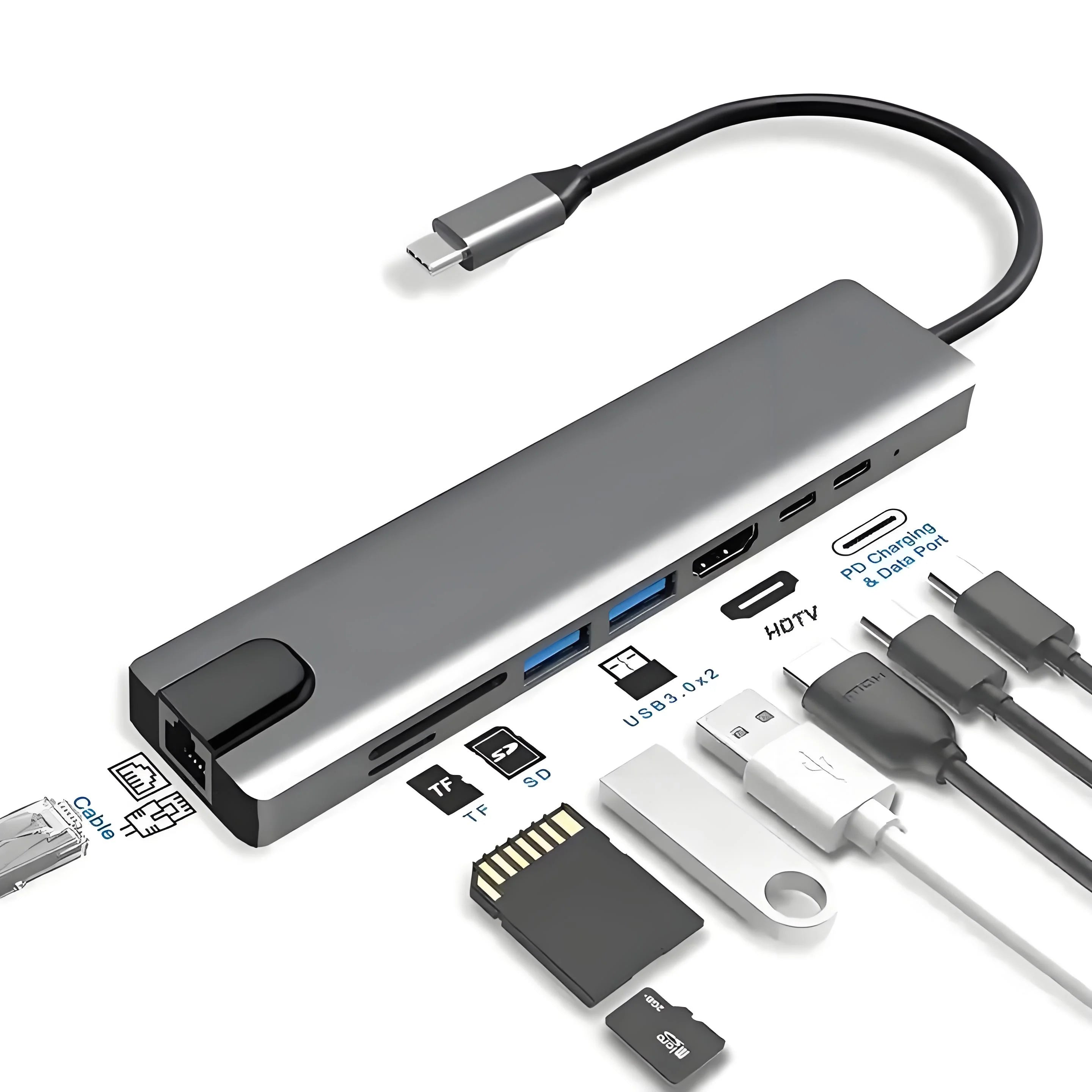 HUB multifunción 11 en 1 USB C Adaptador multipuerto HDTV 4K 30Hz 4 Hub USB 3.0 AUX de 3,5 mm Estación de acoplamiento de 11 puertos para divisor de portátil