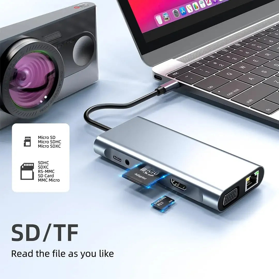 HUB multifunción 11 en 1 USB C Adaptador multipuerto HDTV 4K 30Hz 4 Hub USB 3.0 AUX de 3,5 mm Estación de acoplamiento de 11 puertos para divisor de portátil