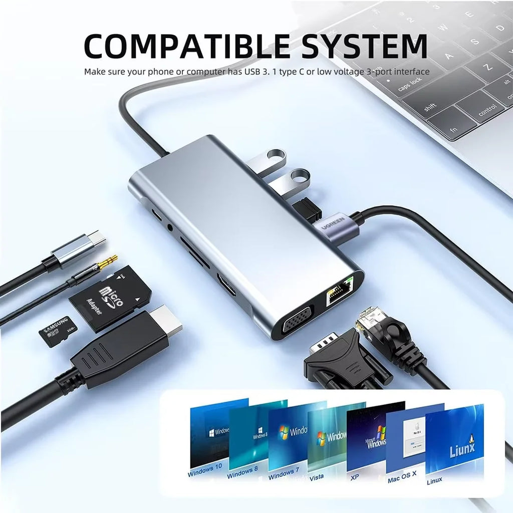 HUB multifunción 11 en 1 USB C Adaptador multipuerto HDTV 4K 30Hz 4 Hub USB 3.0 AUX de 3,5 mm Estación de acoplamiento de 11 puertos para divisor de portátil