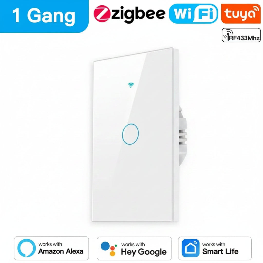 Interruptor Wifi y Zigbee TNCE Tuya US, 1/2/3 interruptores, botón de pared para control de luz LED sin neutro/cable, control por voz inteligente con Alexa y Google Home.
