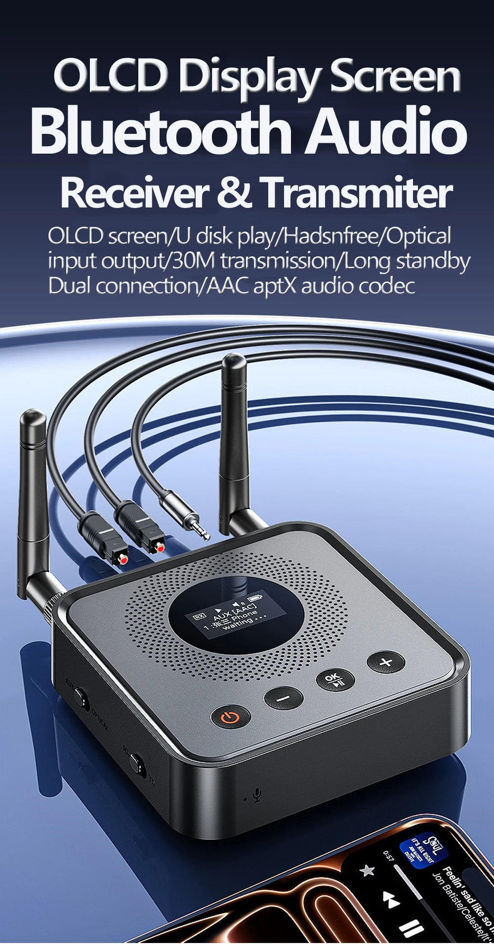 Receptor y transmisor de audio Bluetooth 6.0/5.2 Tebe OLCD con AAC, aptX-LL/AD/HD, entrada auxiliar de 3,5 mm y óptica; reproductor estéreo inalámbrico y  memoria USB