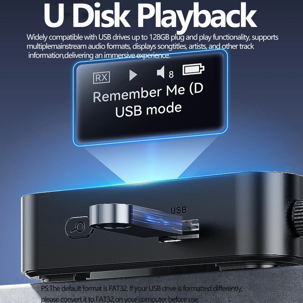 Receptor y transmisor de audio Bluetooth 6.0/5.2 Tebe OLCD con AAC, aptX-LL/AD/HD, entrada auxiliar de 3,5 mm y óptica; reproductor estéreo inalámbrico y  memoria USB