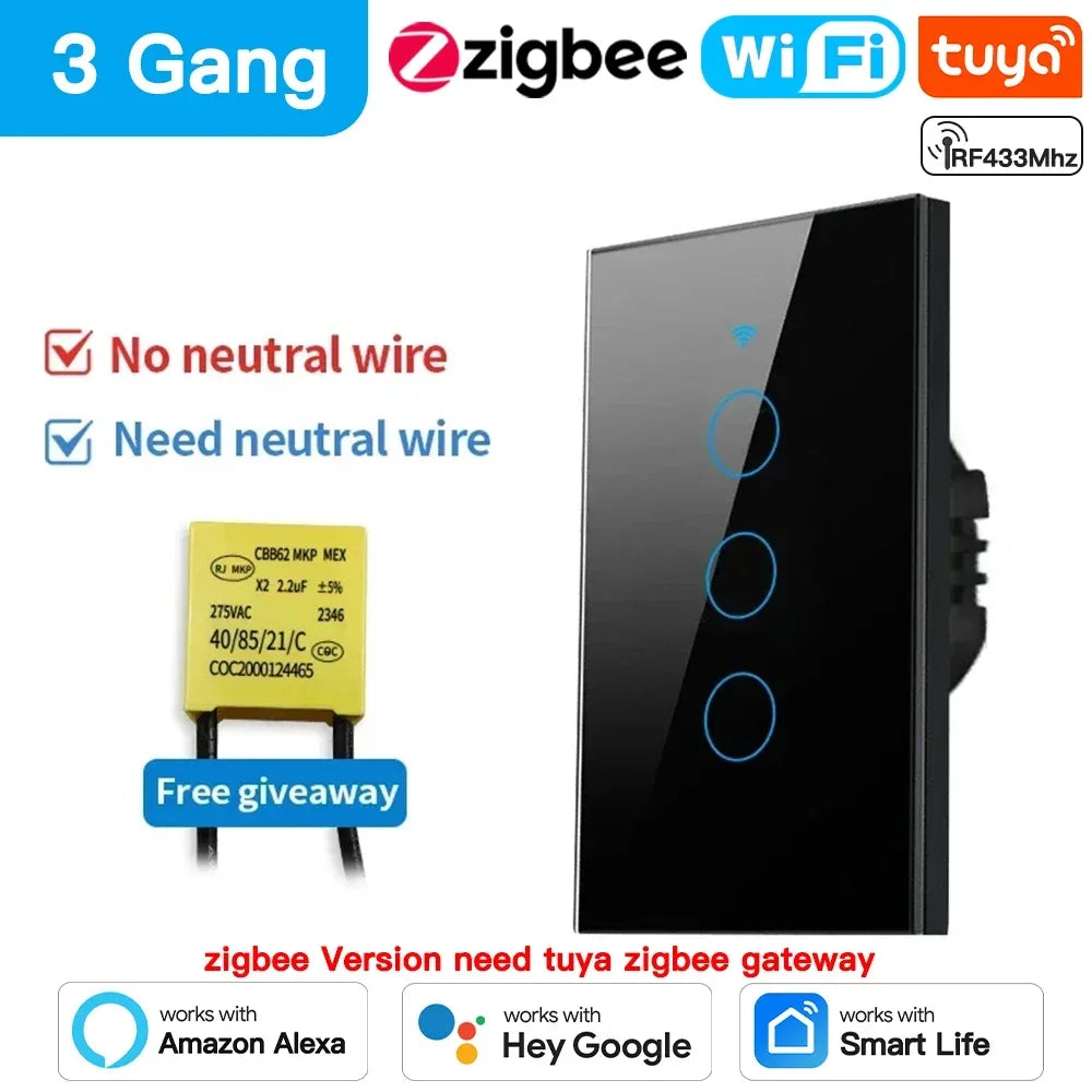 Interruptor Wifi y Zigbee TNCE Tuya US, 1/2/3 interruptores, botón de pared para control de luz LED sin neutro/cable, control por voz inteligente con Alexa y Google Home.