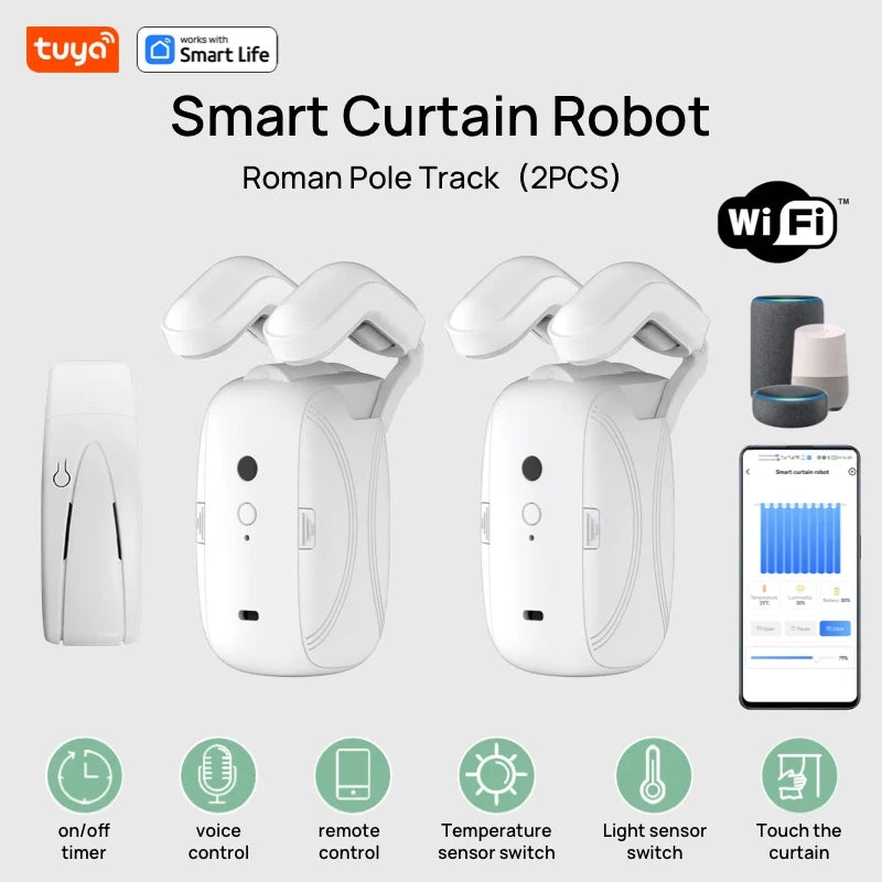 Robot de cortina Wifi inteligente Tuya (con puerta de enlace), pista de varilla romana, Control de aplicación remota, Control de voz, apertura única/doble, 1o 2 Uds.