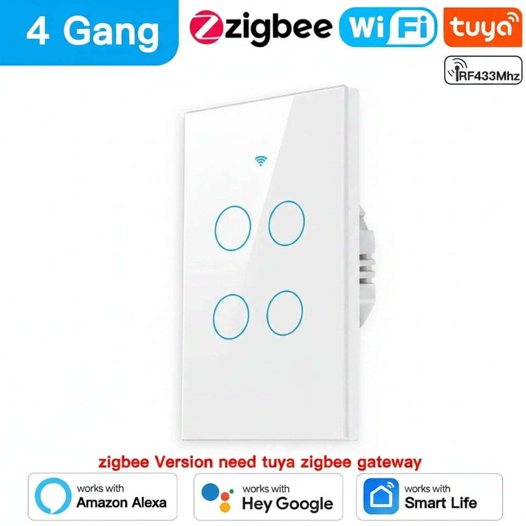 Interruptor Wifi y Zigbee TNCE Tuya US, 1/2/3 interruptores, botón de pared para control de luz LED sin neutro/cable, control por voz inteligente con Alexa y Google Home.