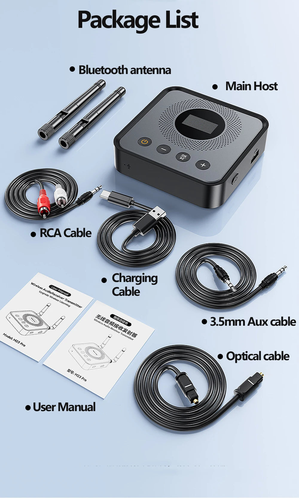 Receptor y transmisor de audio Bluetooth 6.0/5.2 Tebe OLCD con AAC, aptX-LL/AD/HD, entrada auxiliar de 3,5 mm y óptica; reproductor estéreo inalámbrico y  memoria USB