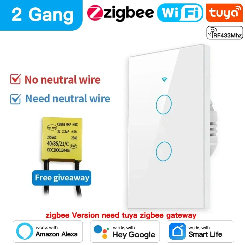 Interruptor Wifi y Zigbee TNCE Tuya US, 1/2/3 interruptores, botón de pared para control de luz LED sin neutro/cable, control por voz inteligente con Alexa y Google Home.