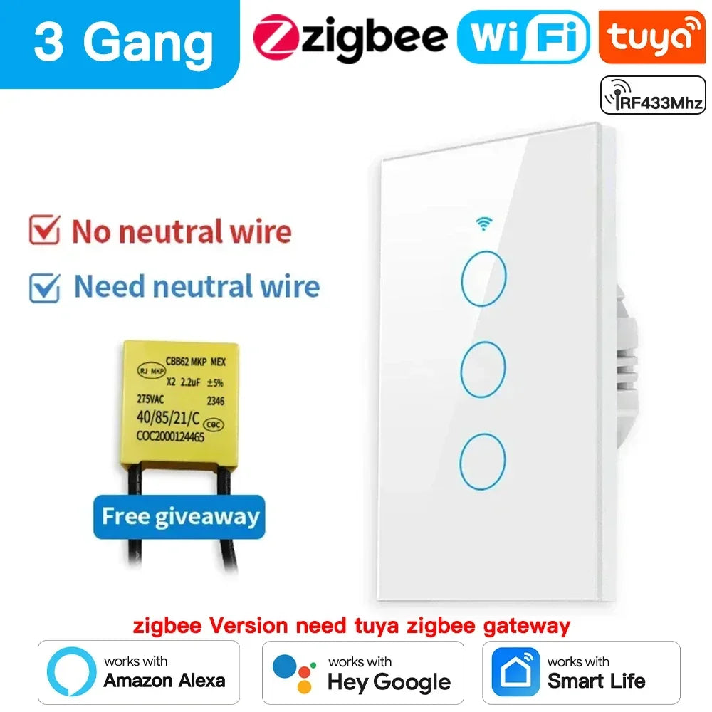 Interruptor Wifi y Zigbee TNCE Tuya US, 1/2/3 interruptores, botón de pared para control de luz LED sin neutro/cable, control por voz inteligente con Alexa y Google Home.
