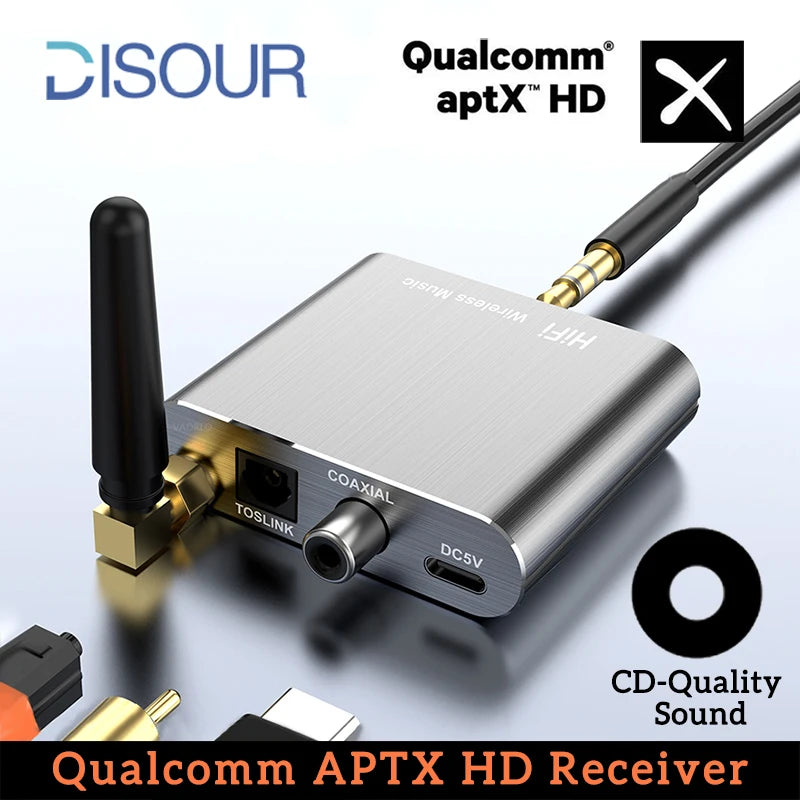 Adaptador de audio estéreo HiFi inalámbrico CSR con Bluetooth 5.2 y AptX-HD; compatible con conexiones coaxial y de fibra óptica, y AptX-LL; para auriculares, televisores y amplificadores.