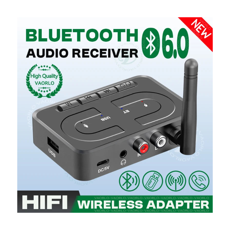 Receptor de audio Bluetooth 6.0 con entrada AUX de 3,5 mm y RCA, micrófono, adaptador inalámbrico estéreo HIFI, compatible con USB y U-Disk para amplificador de altavoces de coche