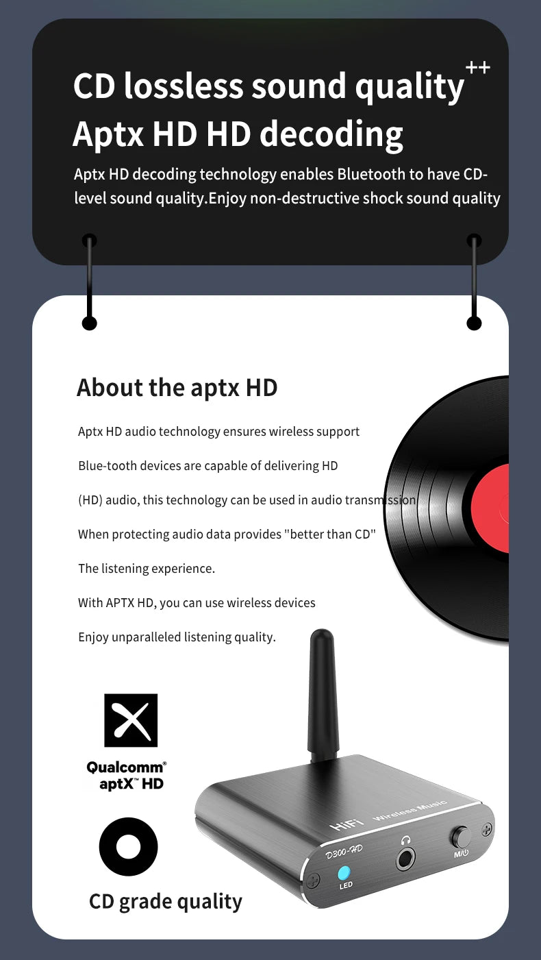 Adaptador de audio estéreo HiFi inalámbrico CSR con Bluetooth 5.2 y AptX-HD; compatible con conexiones coaxial y de fibra óptica, y AptX-LL; para auriculares, televisores y amplificadores.