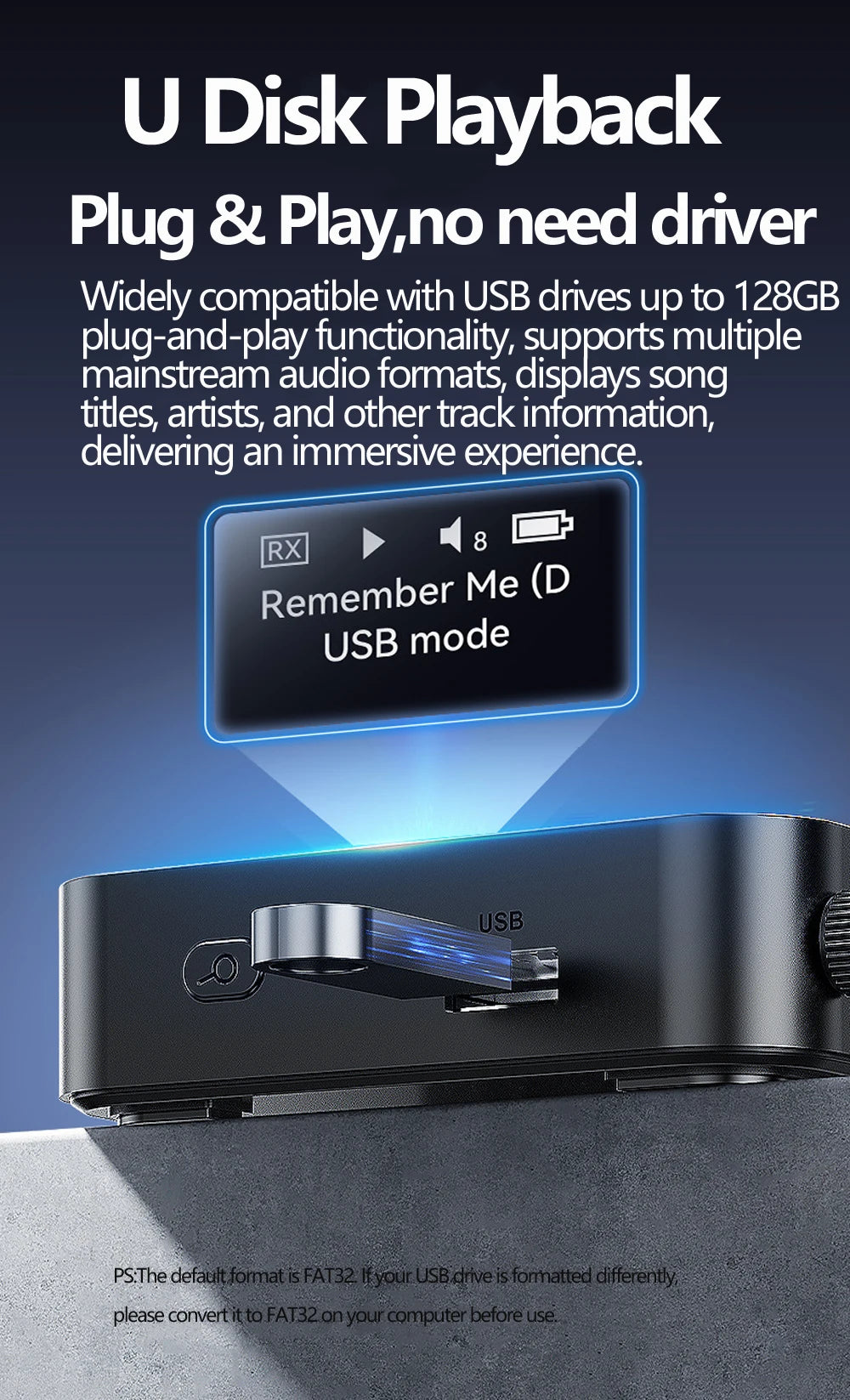 Receptor y transmisor de audio Bluetooth 6.0/5.2 Tebe OLCD con AAC, aptX-LL/AD/HD, entrada auxiliar de 3,5 mm y óptica; reproductor estéreo inalámbrico y  memoria USB