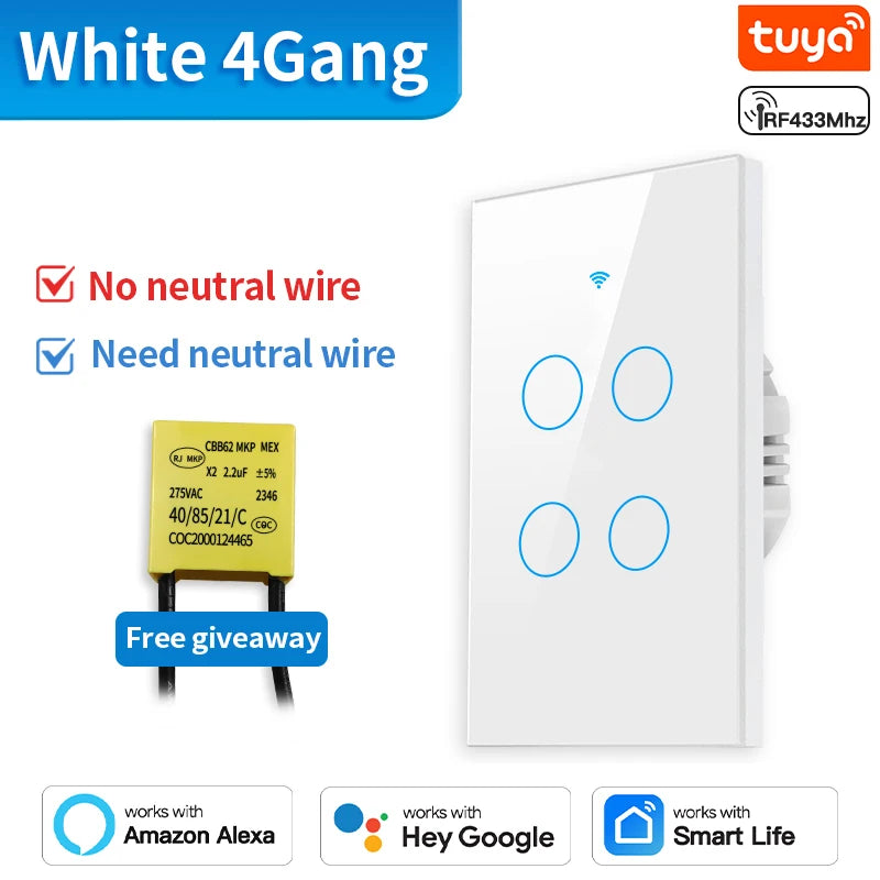 Interruptor Wifi y Zigbee TNCE Tuya US, 1/2/3 interruptores, botón de pared para control de luz LED sin neutro/cable, control por voz inteligente con Alexa y Google Home.
