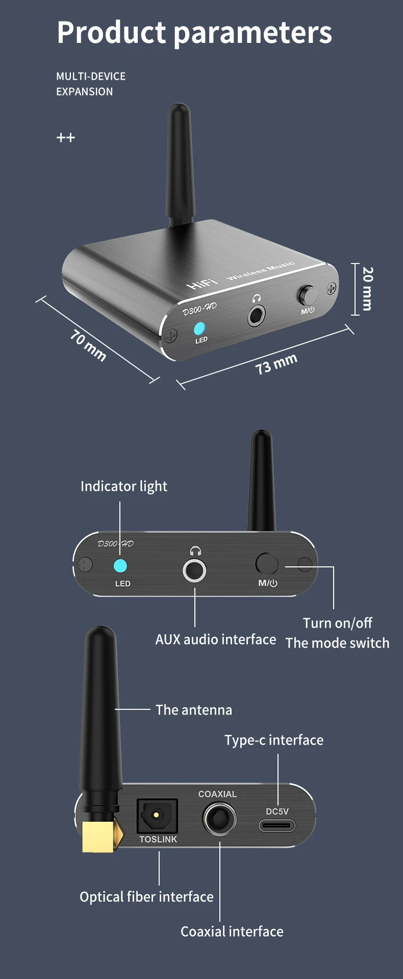 Adaptador de audio estéreo HiFi inalámbrico CSR con Bluetooth 5.2 y AptX-HD; compatible con conexiones coaxial y de fibra óptica, y AptX-LL; para auriculares, televisores y amplificadores.