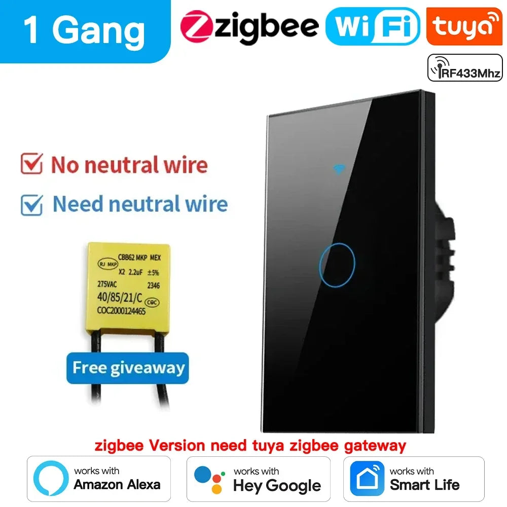 Interruptor Wifi y Zigbee TNCE Tuya US, 1/2/3 interruptores, botón de pared para control de luz LED sin neutro/cable, control por voz inteligente con Alexa y Google Home.