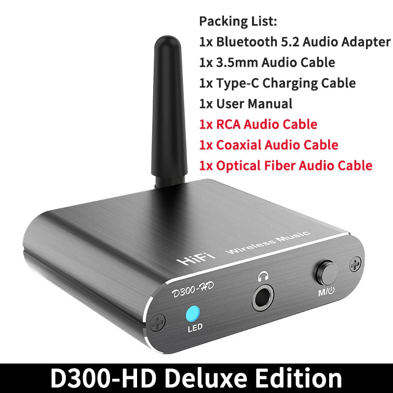Adaptador de audio estéreo HiFi inalámbrico CSR con Bluetooth 5.2 y AptX-HD; compatible con conexiones coaxial y de fibra óptica, y AptX-LL; para auriculares, televisores y amplificadores.
