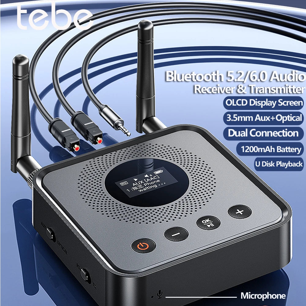 Receptor y transmisor de audio Bluetooth 6.0/5.2 Tebe OLCD con AAC, aptX-LL/AD/HD, entrada auxiliar de 3,5 mm y óptica; reproductor estéreo inalámbrico y  memoria USB