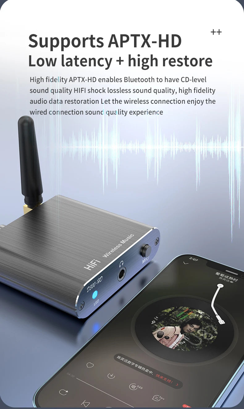 Adaptador de audio estéreo HiFi inalámbrico CSR con Bluetooth 5.2 y AptX-HD; compatible con conexiones coaxial y de fibra óptica, y AptX-LL; para auriculares, televisores y amplificadores.