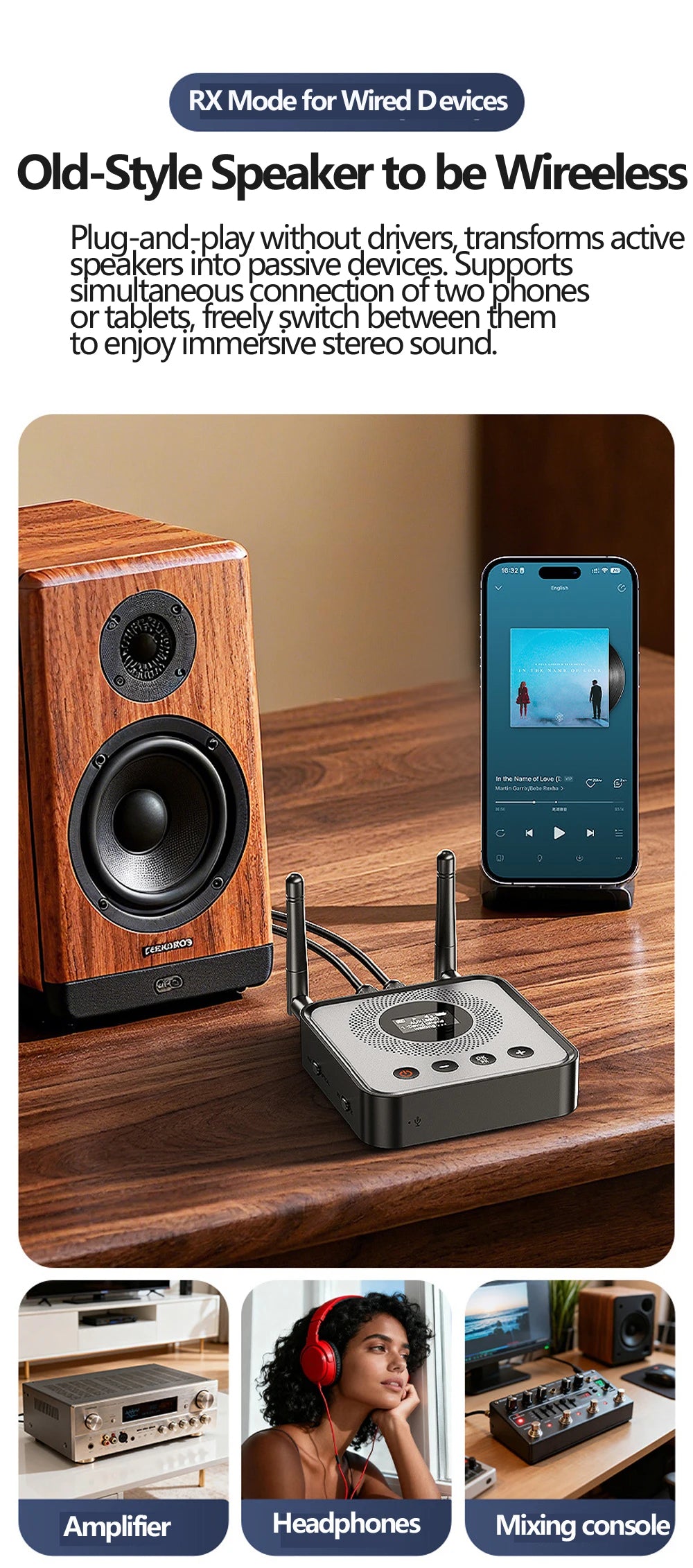 Receptor y transmisor de audio Bluetooth 6.0/5.2 Tebe OLCD con AAC, aptX-LL/AD/HD, entrada auxiliar de 3,5 mm y óptica; reproductor estéreo inalámbrico y  memoria USB