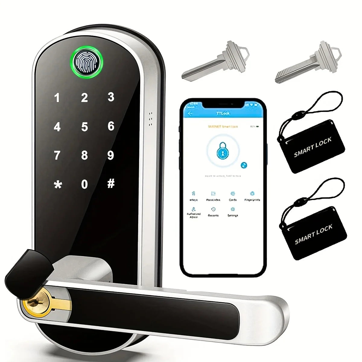 Cerradura inteligente con huella dactilar, control remoto mediante aplicación, sin llave, WIFI, pantalla táctil digital, NFC, IP67, resistente al agua, con 2 tarjetas IC.