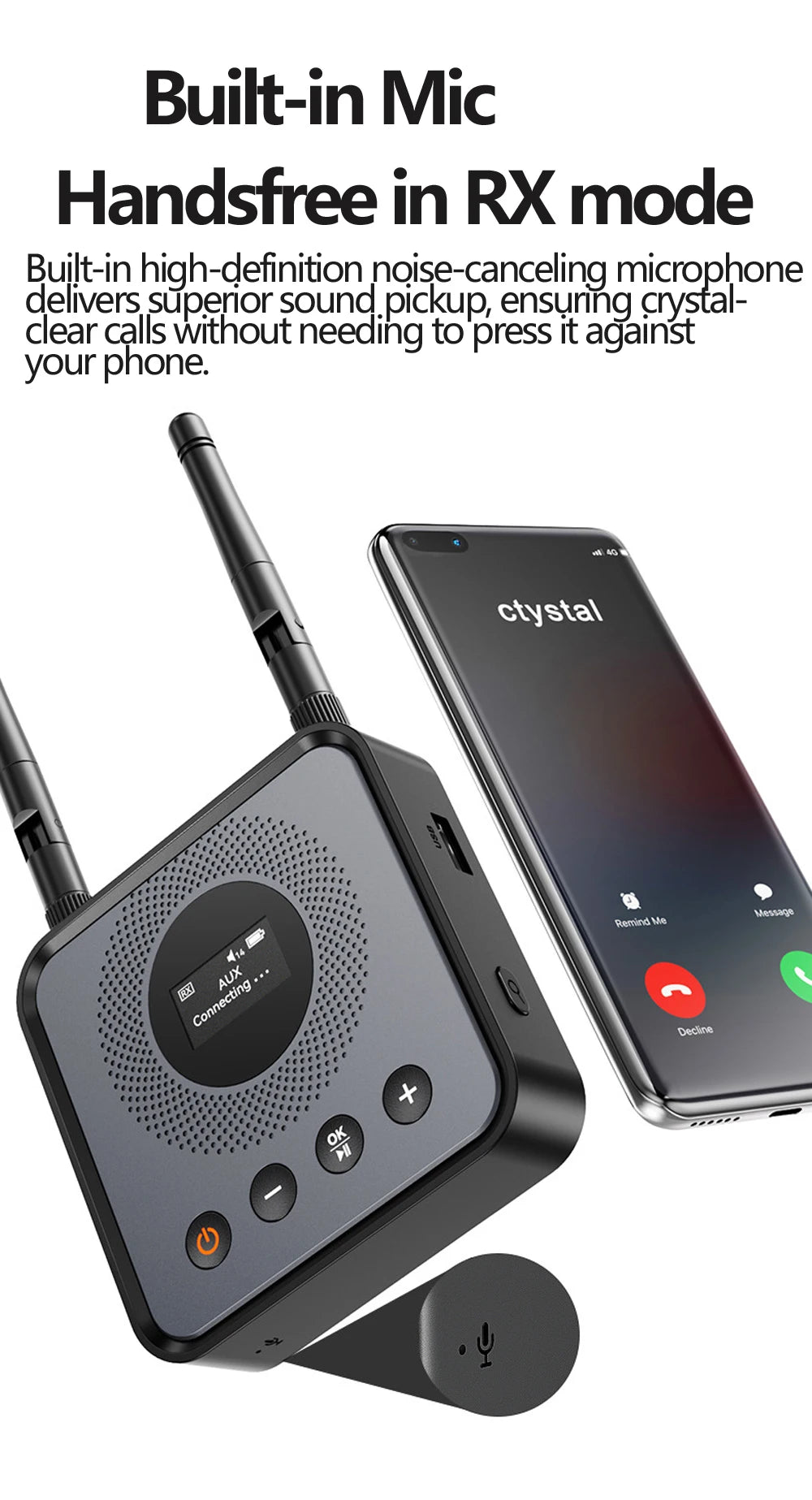 Receptor y transmisor de audio Bluetooth 6.0/5.2 Tebe OLCD con AAC, aptX-LL/AD/HD, entrada auxiliar de 3,5 mm y óptica; reproductor estéreo inalámbrico y  memoria USB